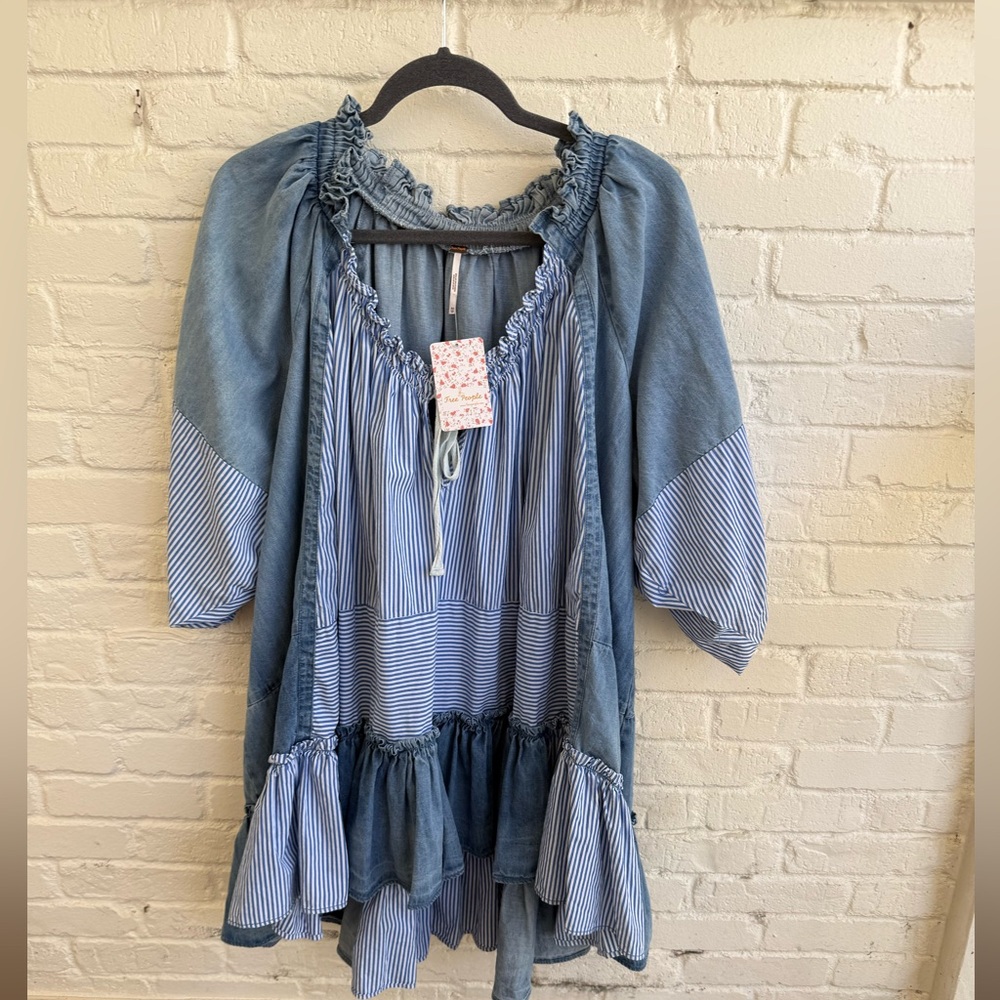 Free People Blue Striped Denim-Look Mini Dress